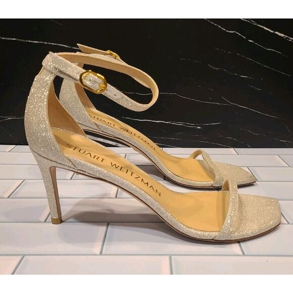 Stuart Weitzman Nudistcurve Ankle Strap Platino Glitter Sandals Heels | 8½ EUC - Picture 5 of 12